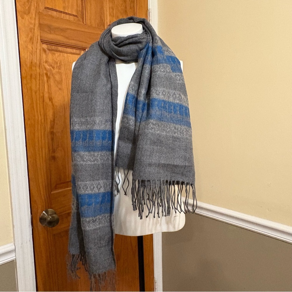 Alpaca Gray and Blue Striped Scarf with Fringe